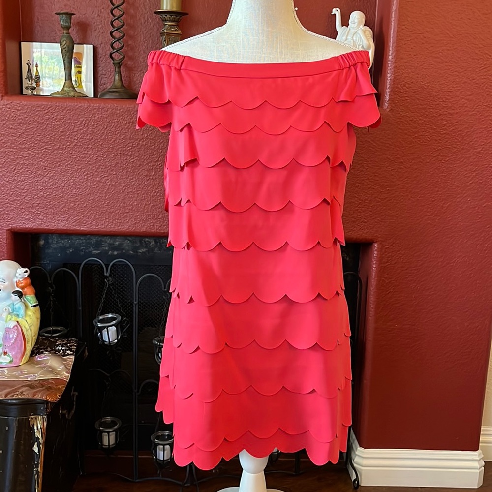 White House Black Market-Red Scalloped Off the Shoulder Dress